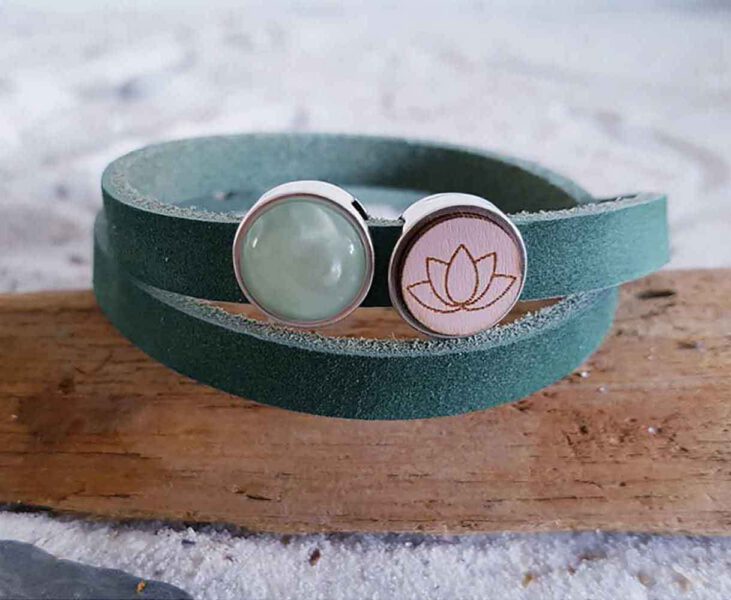 Bracelet Bohème Fleur de Lotus En Cuir Vert